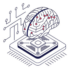 ısometric vector illustration of a glowing artificial intelligence brain made of circuit lines and data nodes, futuristic tech design, white background, flat colors
