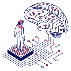ısometric vector illustration of a glowing artificial intelligence brain made of circuit lines and data nodes, futuristic tech design, white background, flat colors