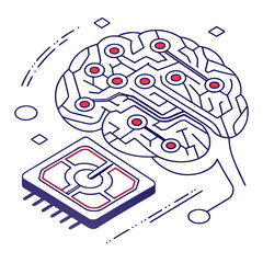 ısometric vector illustration of a glowing artificial intelligence brain made of circuit lines and data nodes, futuristic tech design, white background, flat colors