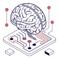 ısometric vector illustration of a glowing artificial intelligence brain made of circuit lines and data nodes, futuristic tech design, white background, flat colors