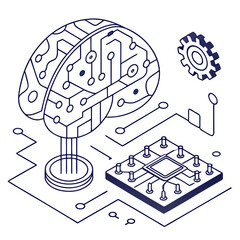 ısometric vector illustration of a glowing artificial intelligence brain made of circuit lines and data nodes, futuristic tech design, white background, flat colors