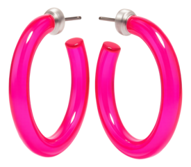 Translucent plastic hoop earrings in a neon pink hue