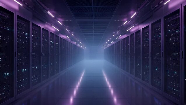 Futuristic server room with purple lighting and rows of racks