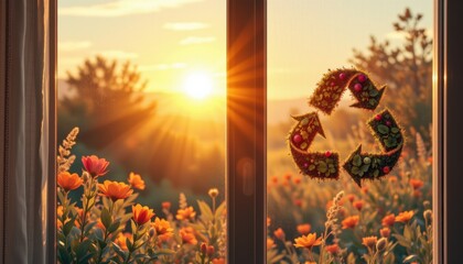 recycle symbol dominates, a stylized emblem embraced by radiant golden hues of midday sun, casting long shadows across an eco friendly earth background of hand drawn textures and vibrant flora