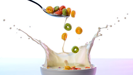 Colorful cereal rings falling into a bowl of milk create a dynamic splash, isolated on white background