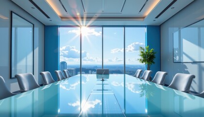 modern minimalist corporate conference room awash in cerulean and sapphire hues; a sleek glass table reflecting the sky, sunny realism, a flat lay perspective emphasizing depth focus