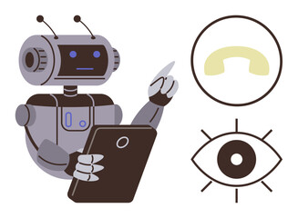 Robot holding a tablet and pointing, alongside eye and telephone icons representing technology, communication, and innovation. Ideal for AI, robotics, automation, digital interfaces, innovation