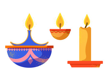 Traditional Indian festival of lights Diwali. Set of attributes for festive decor. Vector illustration of oil lamp and candle. In flat style on white background.