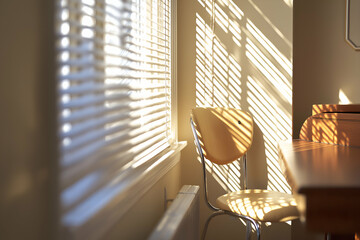 Chair in Room with Window Light Streaming Through Blinds Creates Warmth, motion blur Business concept, motion bokeh background