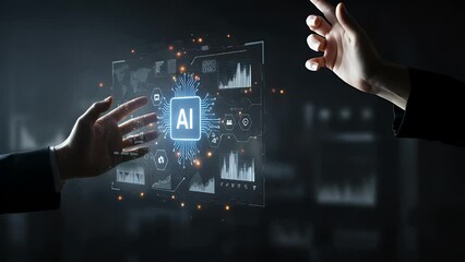 Hands interact with a holographic AI interface displaying data - Powered by Adobe