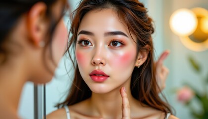 a youthful asian woman, lost in the mirrors gaze, her brow furrowed slightly as she observes a vibrant red rash blooming across her cheek, a cosmetic allergys unwele signature