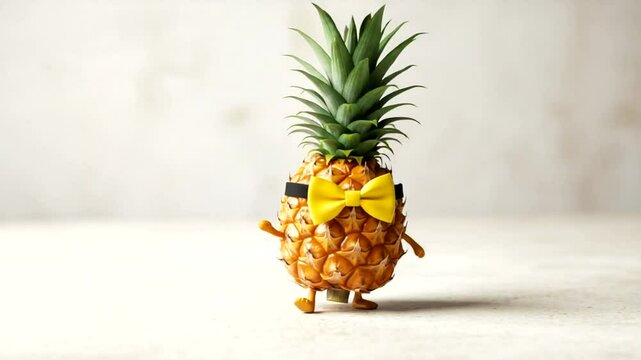 Cheerful pineapple character with bow tie happily waltzing on a plain background