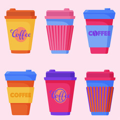 Set of vibrant disposable coffee cups with lids. Ideal for menus, stickers, pins, icons, and other web and printed designs. Hand-drawn vector illustrations are isolated on a pale pink background.