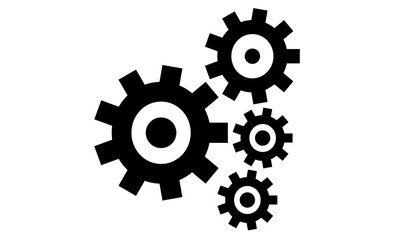 A set of four black gear icons in various sizes, representing machinery, mechanical processes, system configuration, or settings.
