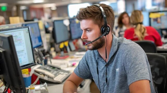 Focused Agent: A dedicated customer service representative with a headset assists clients, embodying focus and professional demeanor in a dynamic work setting.