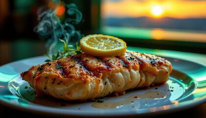 realistic photograph of a perfectly grilled chicken breast, acpanied by a glistening lemon slice, bathed in a symphony of emerald and jade light; harmonic position prioritizing negative space below
