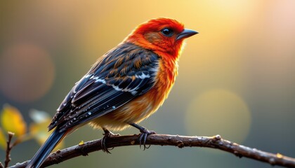 a vibrant male redstart bird, feathers beaded with morning dew and intensely glistening, created with hyperrealistic detail, low angle shot from a dizzying aerial perspective, rendered in a polished