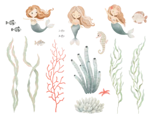 Fototapeten Watercolor set with cute mermaids, seaweeds, coral, seahorse, fishes and sea plants. Isolated colorful illustration for your design mural, wallpaper or textile, hand drawn print. © Nikole