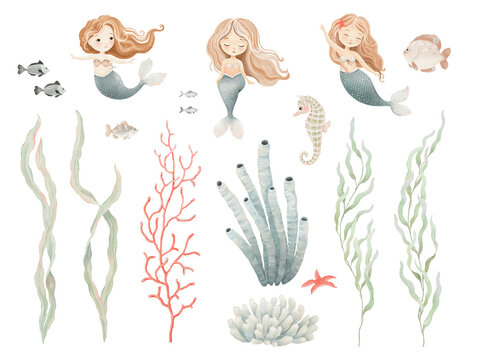 Watercolor set with cute mermaids, seaweeds, coral, seahorse, fishes and sea plants. Isolated colorful illustration for your design mural, wallpaper or textile, hand drawn print.