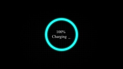 Glowing neon circle indicating 100 percent charging process on a futuristic grid background