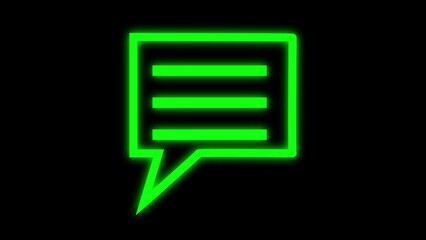 Glowing neon green message bubble icon on a dark black background representing communication