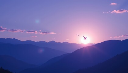 as dawn breaks, feathered silhouettes glide effortlessly across the expansive, lavender tinged sky, framed by the soft, indigo rise of majestic mountains in the background, a serene ambiance