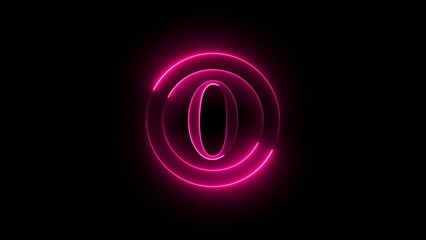 Glowing pink neon letter o surrounded by concentric circles on a black background