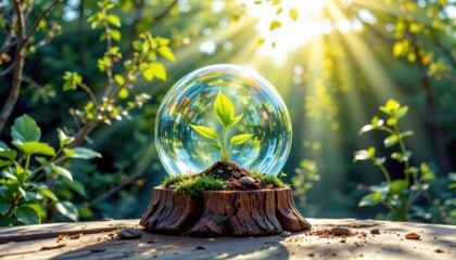 verdant sprout thrives in translucent orb, perched upon grainy timber, sunlight streams, illuminating scene in sun drenched, hand drawn aesthetic