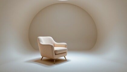 a solitary armchair, pristine against an infinite white void, framed in tunnel vision, a full body portrait sparkles with crystalline facets, its subject positioned right, leaving vast