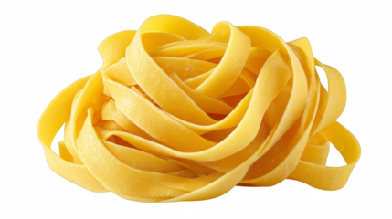 Golden ribbons of raw tagliatelle pasta sit artistically against a dark background, a culinary delight ready for Italian cooking.