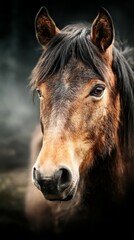 Obraz premium Majestic brown horse with flowing mane standing in a serene environment at dusk near a rural pasture