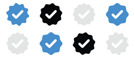 Verification symbol set. Approved Tick mark profile sign. Tick icon to social media profile. Verified badges. Verified badge vector icons. Blue, white and black verified social media account icon.  © Pulak