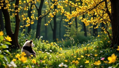 a solitary panda in a verdant, sun dappled forest glade, bathed in the vibrant, symbolic renewal of bright yellow tones emanating from blossoming flora; the panda, the primary subject