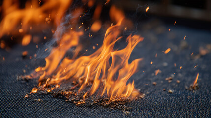 Zoomed-in depiction of reinforced fabric being fire-tested, flames licking the edges but failing to penetrate, bright orange fire and subtle smoke trails highlighting durability un