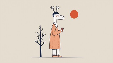 A serene and minimalist illustration of a cute anthropomorphic deer character in a beanie, enjoying a warm cup of coffee or tea under a red sun