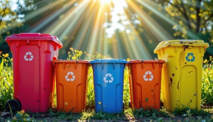 extreme macro, prismatic fragmented view of vibrantly colored, weather worn recycling receptacles sitting outdoors, symbolizing environmental consciousness; bins occupying the lower frame