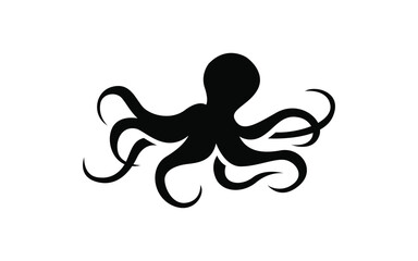 Black Silhouette of Octopus with Tentacles Spread in Simple Marine Style Illustration