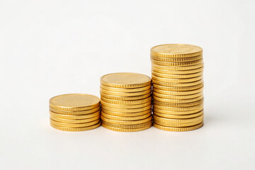 Three Stacks Gold Coins Ascending Order White Background