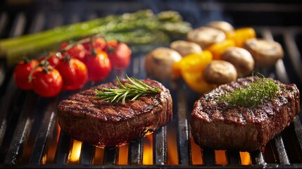 Open grill scene with three food types arranged, background clean