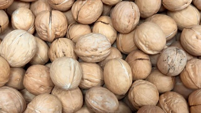 walnuts in the shell, scattered. sale of nuts. close-up of walnuts in a box. sale of walnuts.