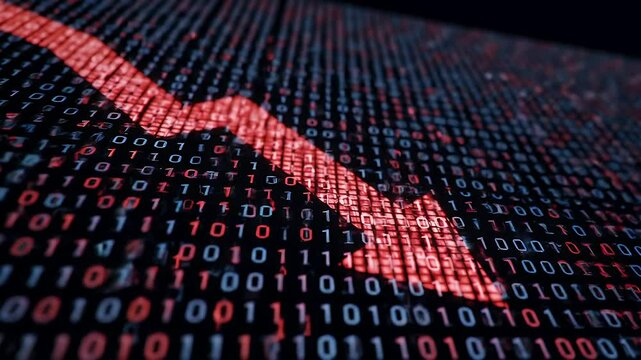 Red Arrow Pointing Down on Binary Code Wall Highlighting Financial Downturn Market Risk and Economic Decline
