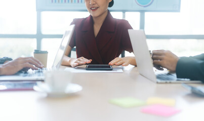 Business culture asian man woman gen y and gen z team working together in office