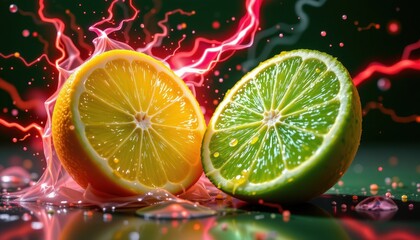 a dramatically sliced green lemon piece, dripping and luminous, dominates the left of the position against an abyss of dark green, the vibrant, sliced citrus explodes in fantasy style