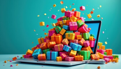 a mountain of colorful parcel boxes, symbols of online purchases, spills playfully across a luminous laptop screen, the very embodiment of the internet shopping and e merce concept