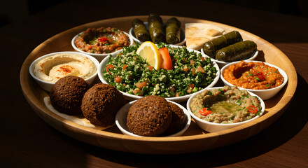 Vibrant Middle Eastern Mezze with Falafel, Tabouli, Dolmas, and Fresh Herb Garnishes