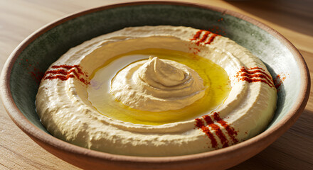 Creamy Hummus with Olive Oil and Paprika – Mediterranean Vegan Dip in Wooden Bowl