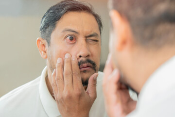 Handsome man looks at his reflection in the mirror and check his red eye before and after treatment