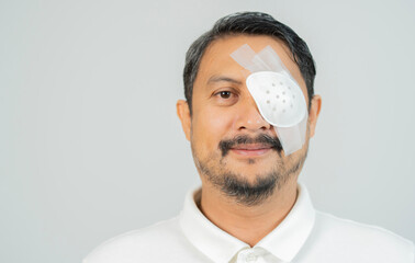 Happy Adult man with bandaged eye following surgery for an eye injury which had resulted