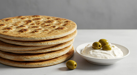 Golden Flatbread Stack with Creamy Olive Dip—Simple Mediterranean Appetizer