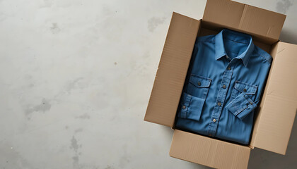 A stylish blue denim shirt nestled in a cardboard box. A top-down view of a light-gray concrete floor with a cardboard box open, revealing a folded blue denim shirt inside.
